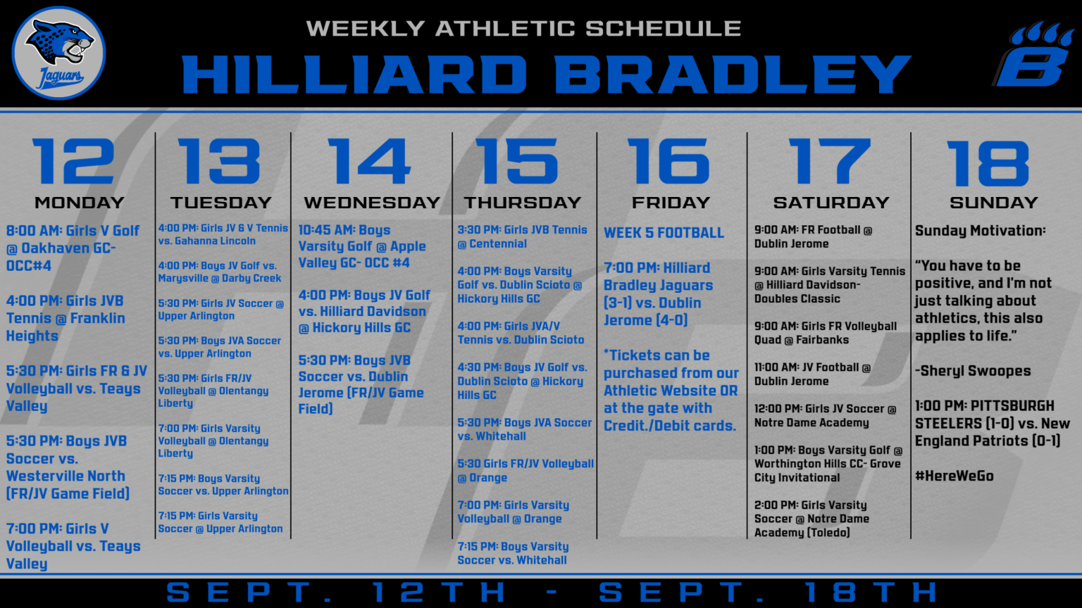 9/12 Weekly Athletic Schedule – Bradley & Memorial Athletics