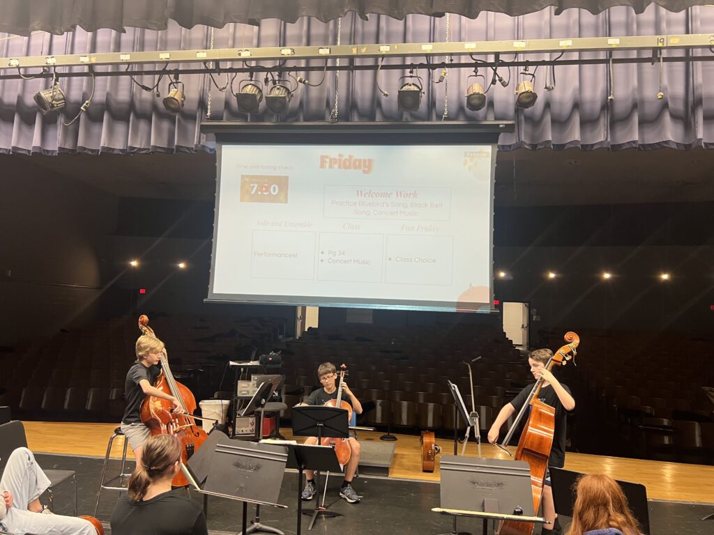 Station cello and bass players performing for their class.