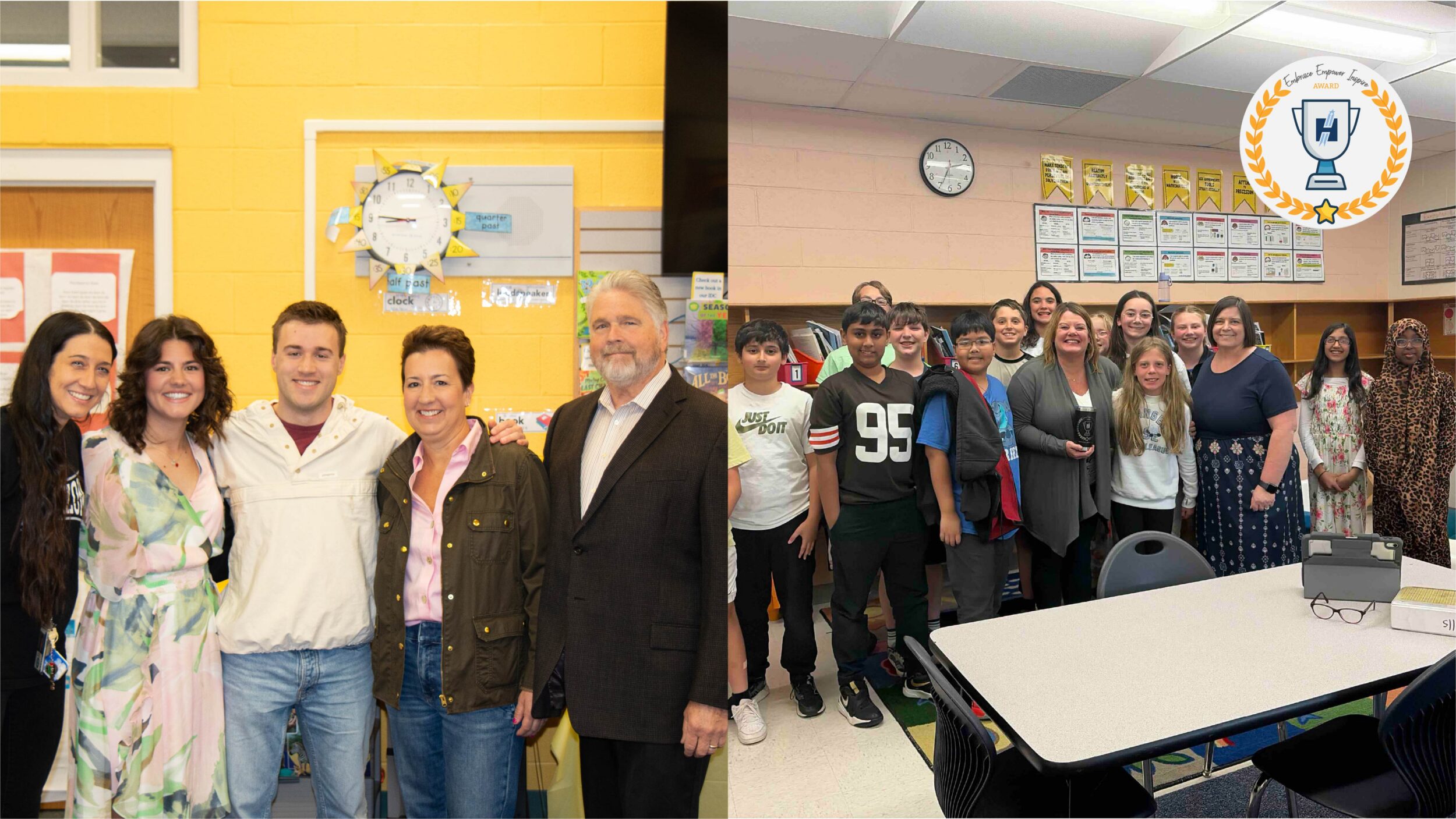 Split photo of teacher with their students and staff smiling to the camera